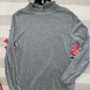 Talbots Silver METALLIC Knit Top With Black Velvet Back Tie NWT